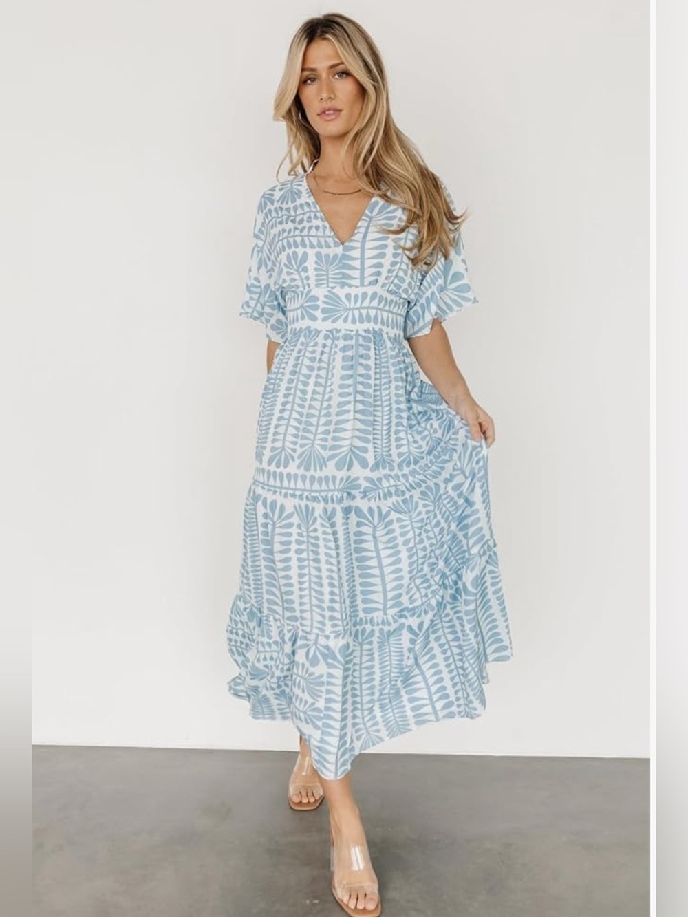 Light Blue Printed V-Neck Maxi Dress - Unbranded